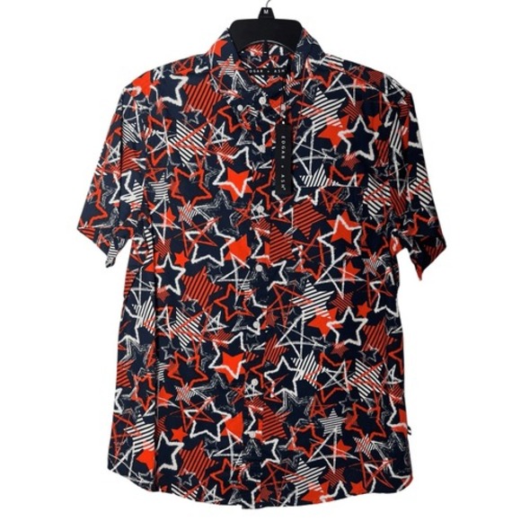 Edgar + Ash Patriotic Stars Button Up Shirt Mens M Navy Orange Cotton NWT - Picture 5 of 9